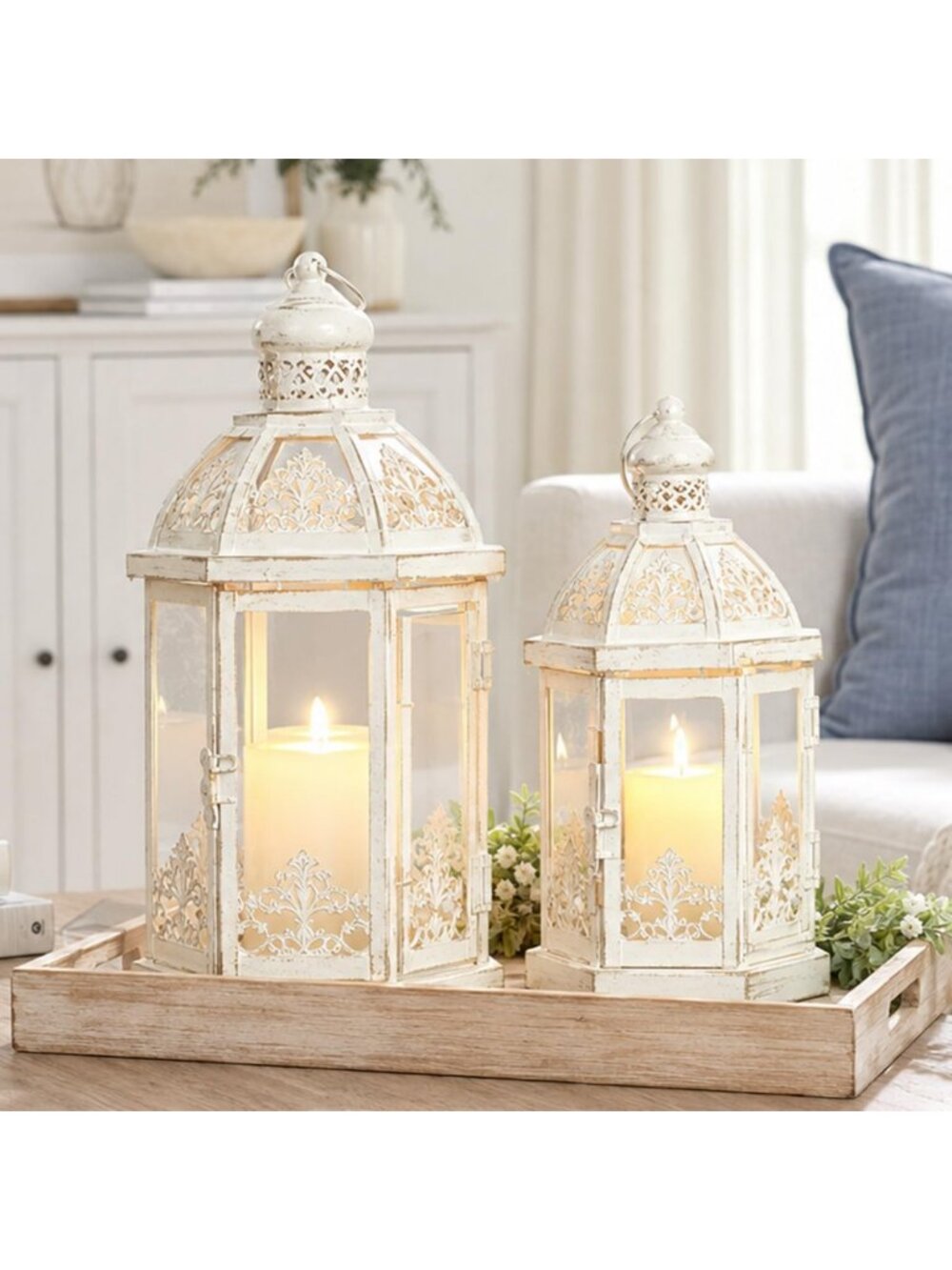 Set of 2 Beige Metal Lanterns for Indoor & Outdoor Decor - Candle Holders for